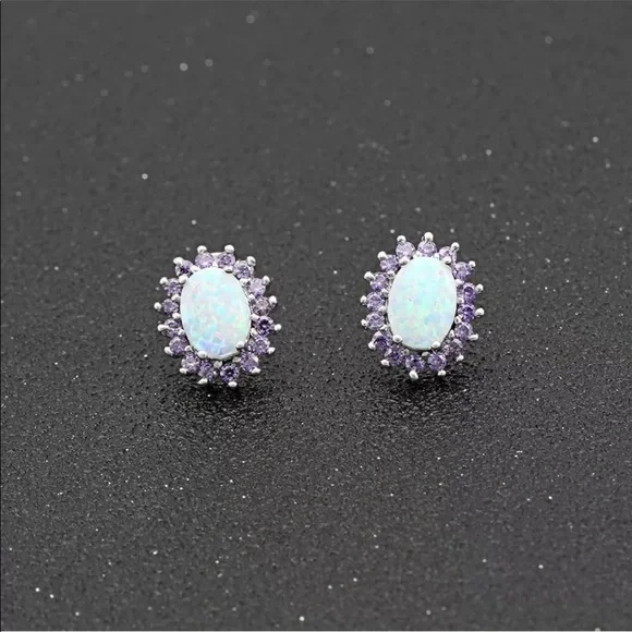 New Opal Oval Amethyst Stud Earrings - Picture 2 of 7